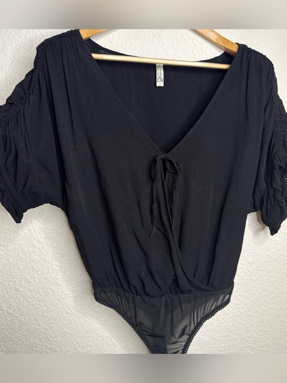 Intimately Free People Black Ruched Sleeve Tie Front Bodysuit Size S